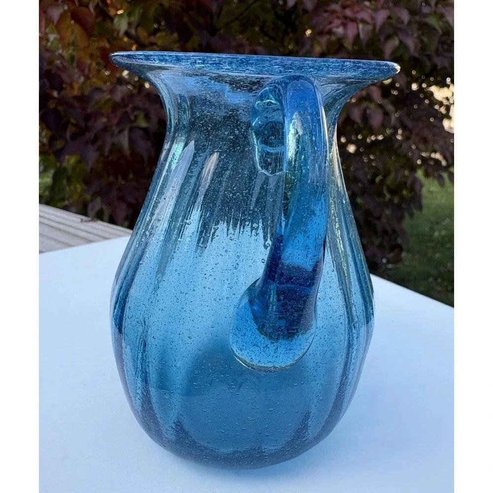 Vintage Aqua Blue Optical Ribbed Bubble Glass Mini Pitcher 4